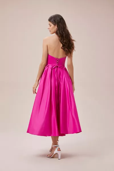 Виола Чан Фуксия без презрамки Midi дължина сатенена рокля