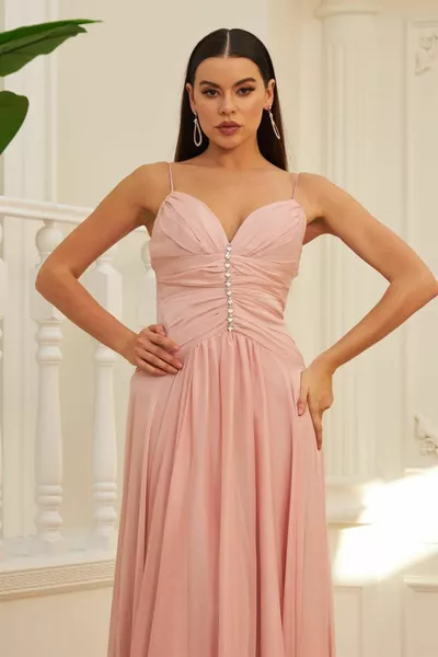 Пудра Шифон Ремешок Длинное Вечернее Платье С Каменным Воротником И Пригласительное Платье