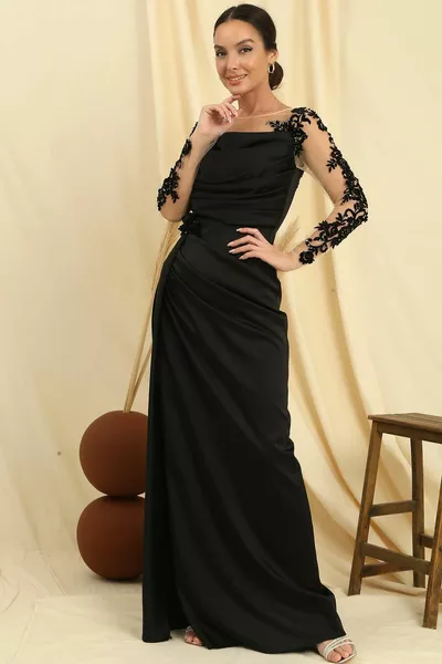 Long Satin Dress with Draped Front Sequin Flock Printed Lined
