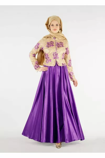 Robe de soirée brodée à col juge violet (VIOLET-OR) pour femmes 