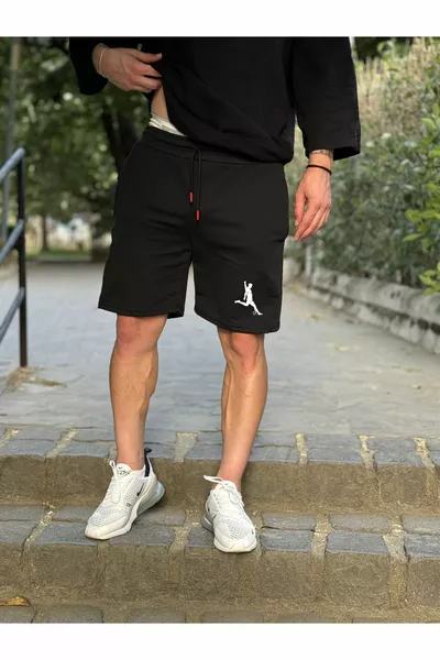 Herren Schwarz Gekämmter Stoff Fußballspieler Bedruckte Shorts Slimfit Mold