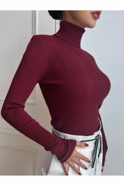 Pull à col roulé unisexe en tissu de coton bordeaux Slimfit