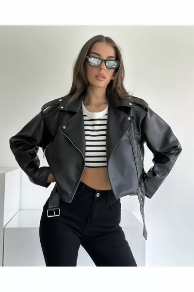 Nouvelle saison Blouson en cuir motard noir oversize