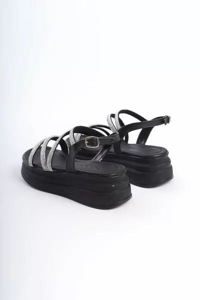 ZAHRA Thin Buckle Stone Stripe Orthopedic Sole Women's Sandals ST Black