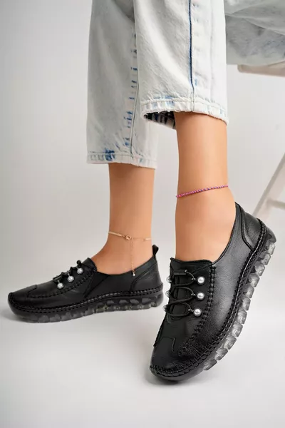 جلد طبيعي أسود نسائي أحذية جلدية كاجوال 