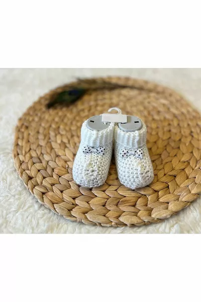 Ecru Blue Baby Girl Boy Вязаные пинетки с лентой