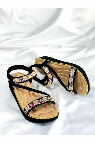  Schwarz Damen Handgelenk Stein Casual Orthopädisch Dicke Sohle Importierte Sandalen - Schwarzes Wildleder - 