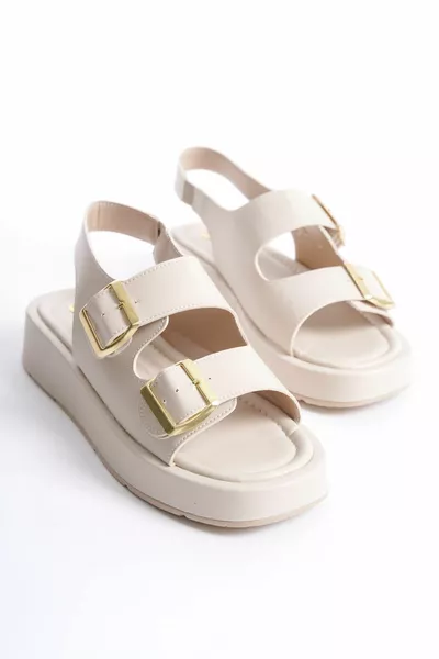 Charm Skin Nude Dicke Sohle Doppelriemen Gold Schnalle Weiche Sohle Bequeme Damen Sandalen