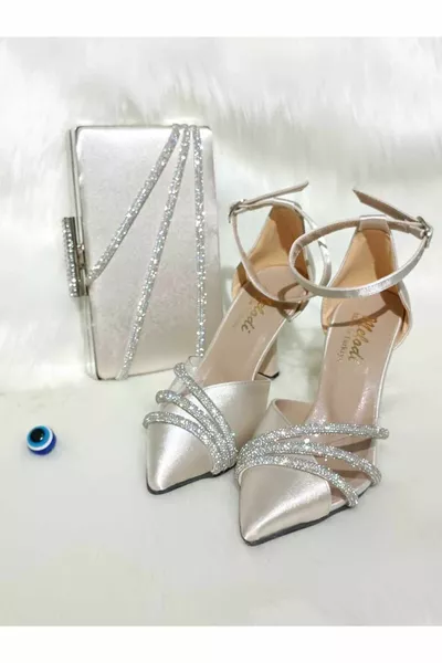 Pelle Donna Raso Bianco Pietra Caviglia Lacci Scarpe Da Sera e Borsa