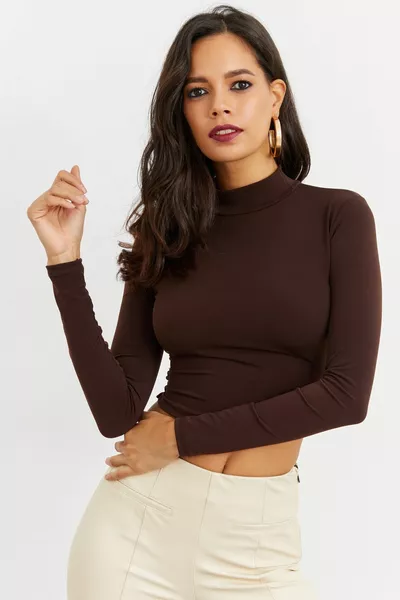 المرأة القهوة الخصر بلوزة المحاصيل المفتوحة 