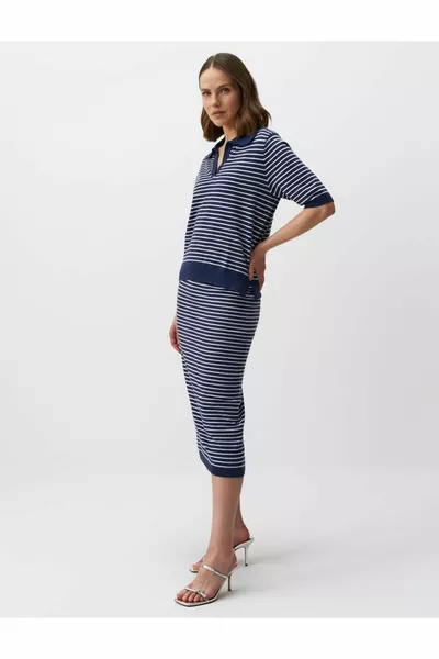 Lacivert Normal Bel Çizgi Desenli Triko Midi Etek