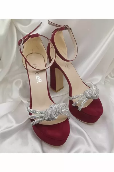 المرأة بورجوندي اللون من جلد الغزال الحجر الراحة مضمونة سم منصة عالية أحذية السهرة ذات الكعب العالي