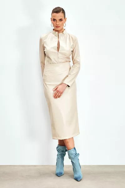 Leather Pencil Skirt - STONE