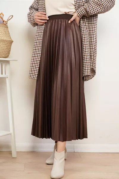 المرأة الجلود نظرة تنورة مطوي اللون البني الموسم الجديد