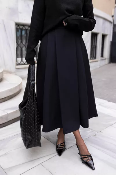 Black Pleated Detailed Kiloş Midi Length Skirt