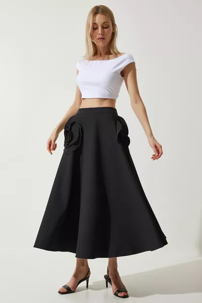 Women's Black Rose Accessory Design Premium Midi Skirt 