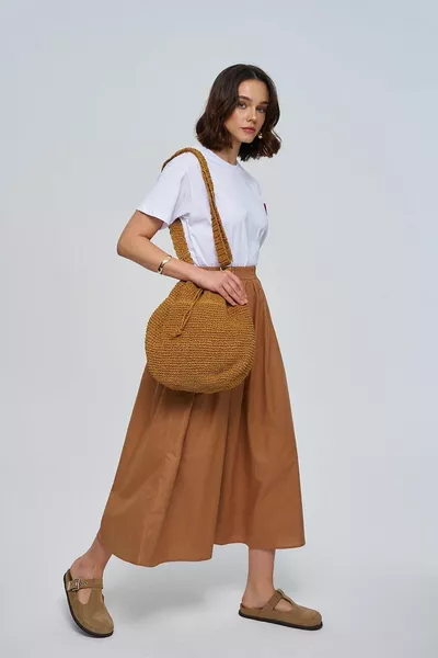 Poplin bruine midirok met elastische taille