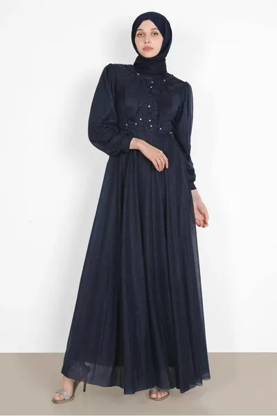 Abito da sera da donna con perline ricamate con perline blu navy 