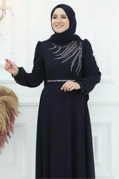 Belgin Chiffon Evening Dress Navy Blue