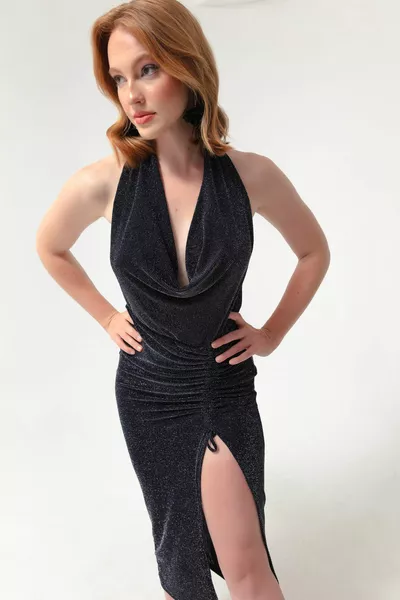 Women's Navy Blue Back Chain Detailed Evening Dress