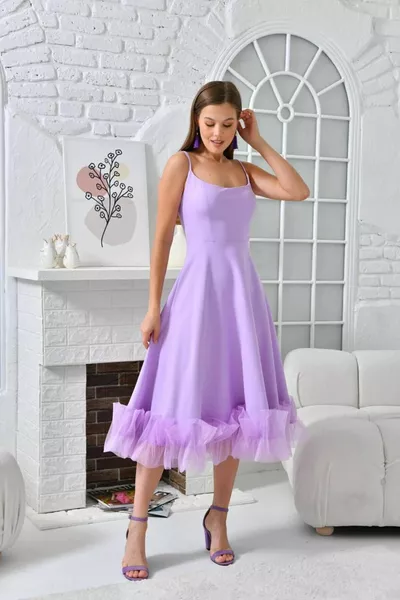 Dames Zoomlijn Punto Tule Gedetailleerde Bandje Midi Lengte Avondjurk