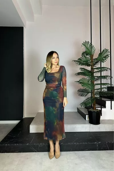  Kare Yaka Tül Elbise Çok Renkli