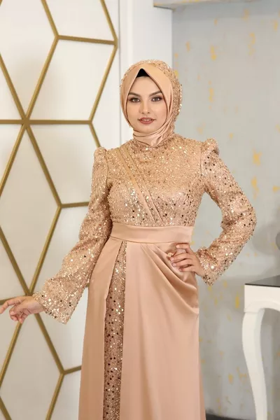 Драпированное с пайетками Шехерезада Хиджаб Вечернее платье Бежевый