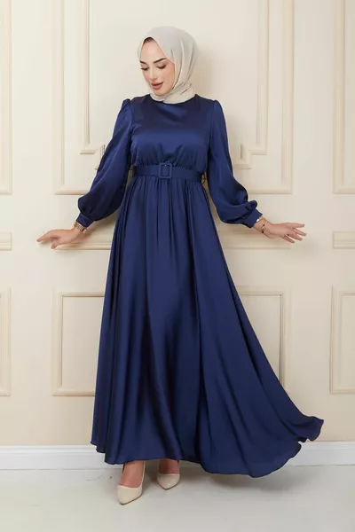 Разкроена вечерна рокля с колан аксесоари NAVY BLUE 