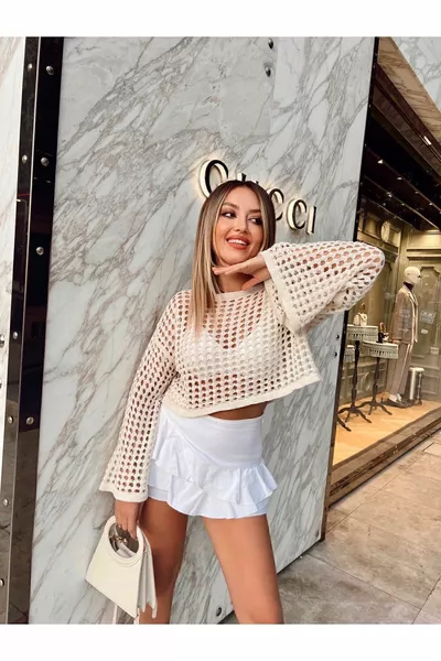 Damen Creme Depox Spanische Ärmel Breiter Kragen Durchbrochene Shabby Nicht juckende perforierte Crop-Strickbluse