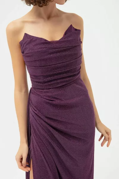 Prugna petto drappeggiato fessura glitter abito da sera donna