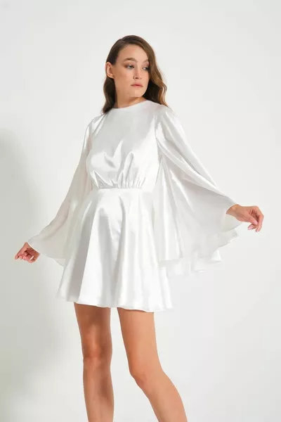 White Sleeves Flounced Satin Mini Dress