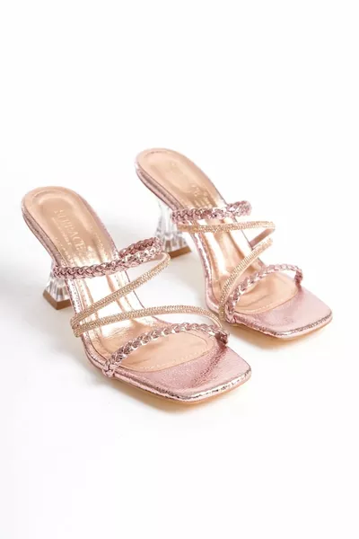 Stella Women's Knitting, pantofole in rame con tacco trasparente con cinturino in pietra