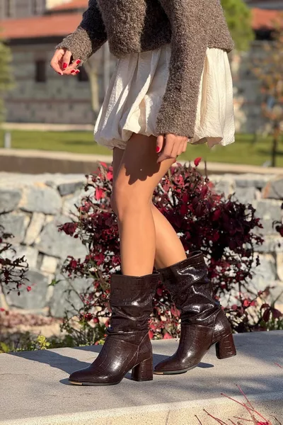 Rille Brown Pattern Stivali con tacco a soffietto da donna