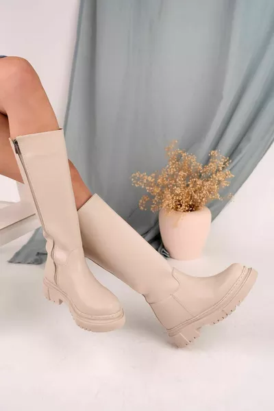 Bottes Femme Longue Crème Zippée