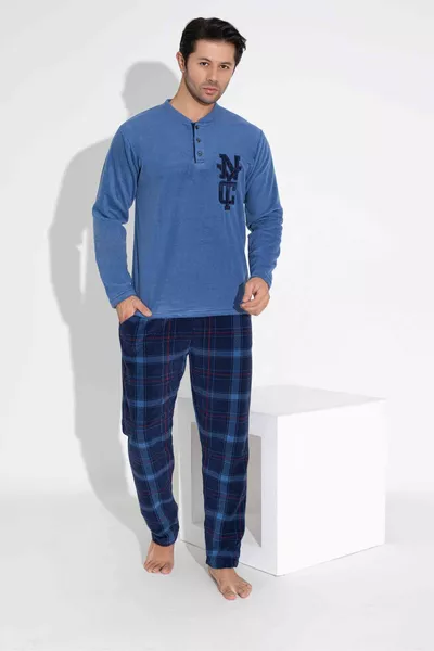 Men's Indigo Blue Plaid Pattern Long Sleeve Father-Son Polar Fabric Winter Warm Pajama Set