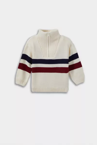 Boys' Stand Collar Zippered Striped Knit Sweater wn