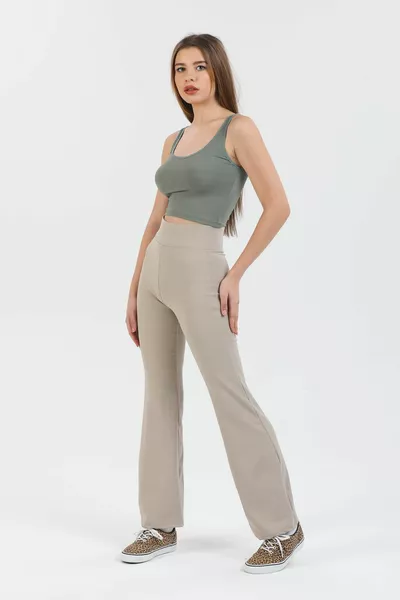 بنطلون ضيق منسوج بيج عالي الخصر محكم، مضلع، مشد، قصّة إسبانيّة واسعة