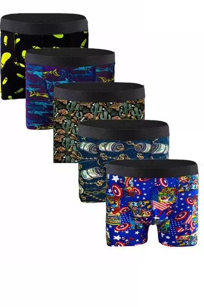 طقم بوكسر رجالي بنقش 5 قطع % قطن فخم #فن-بوب