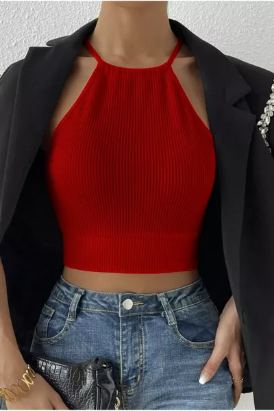 نسائي بورجونديكاشكورس حزام المحاصيل بلوزة أعلى مع ربطة الظهر