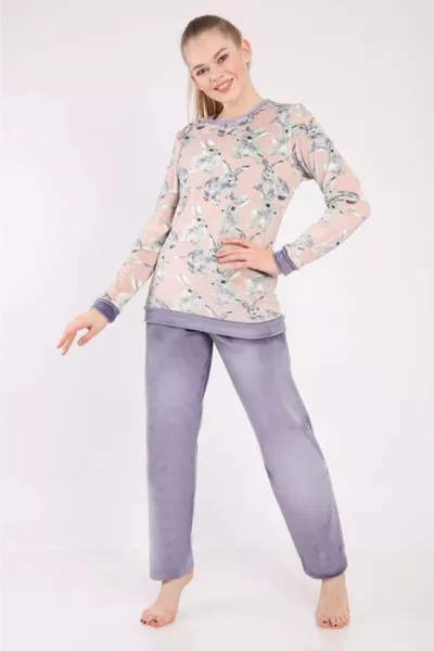 طقم بيجامة نسائي بألوان أرجوانية ناعمة جدًا بنقشة أرنب