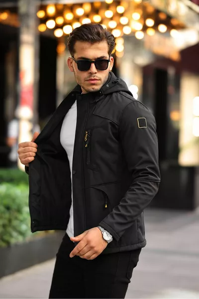 معطف رجالي أسود بفرو داخلي، مقاوم للماء والرياح، بغطاء رأس قابل للإزالة من نوع سوفتشل