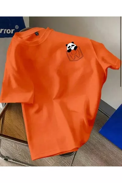 Оверсайз оранжевая унисекс футболка с карманом и принтом панды, свободного кроя