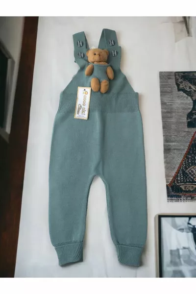 Salopette en tricot pour bébé et enfant avec boutons et ourson, couleur menthe