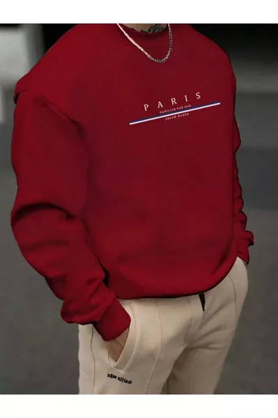 Мужской красный свитшот с принтом Парижа и круглым вырезом