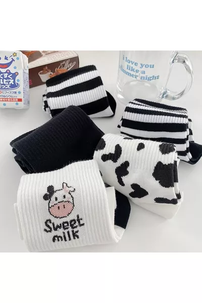 Women's 5 Pairs Black and White Cow Print Striped Tennis Socks