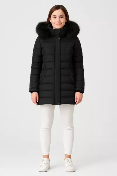 Женская стеганая куртка с капюшоном с черным искусственным мехом Yasmin черно-белая