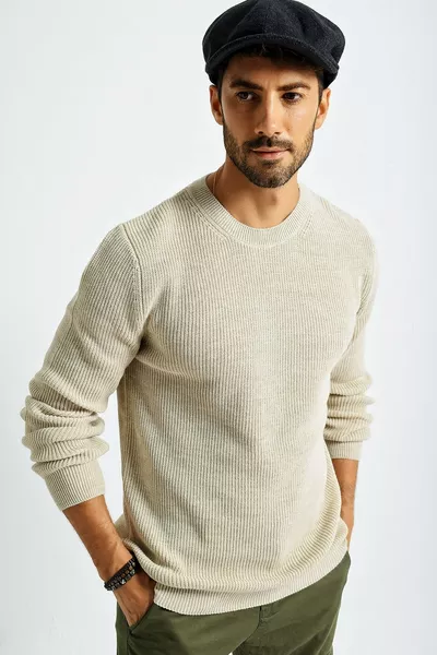 سترة صوفية رجالية بياقة دراجة هوائية منسوجة بتقنية السلانك 