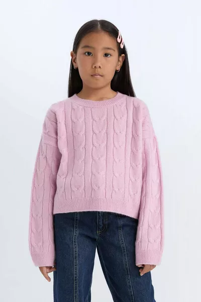 Girls' Crop Crew Neck Braided Knit Sweater AU