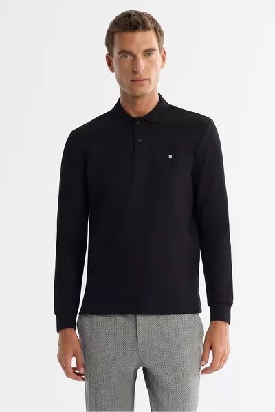 Herren Schwarzes Poloshirt Baumwolle Basic Slim Fit Sweatshirt 