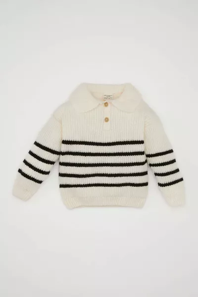 Baby Girl Shirt Collar Buttoned Striped Knit Sweater AU